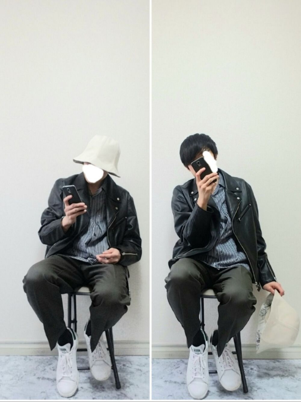 ホワイト系のスニーカー、グリーン系のパンツ、ブラック系のライダースジャケットを着用したメンズの春コーディネートの1枚目の写真