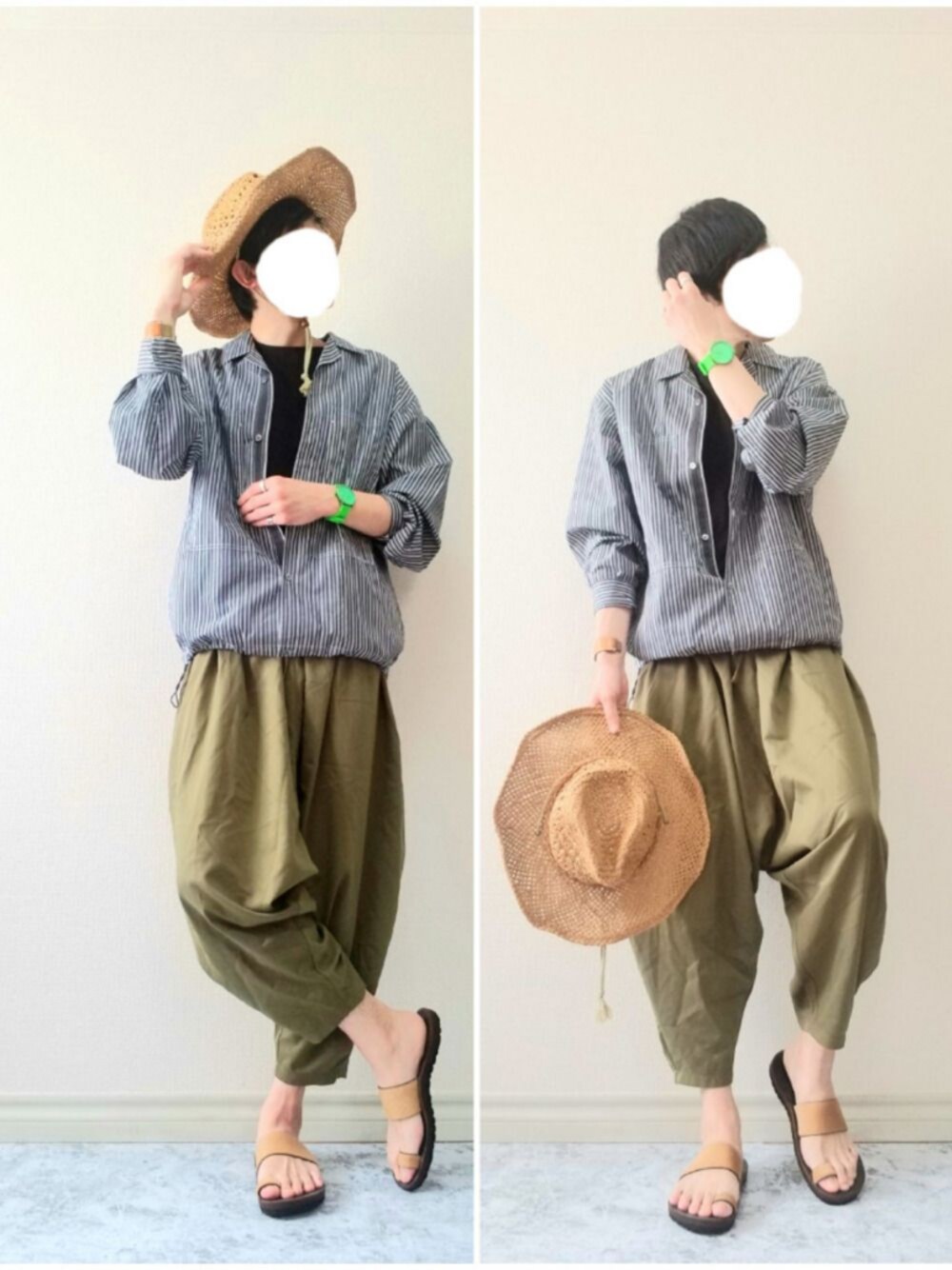 「カウボーイハット、ストライプシャツ、ブルゾン、サルエルパンツ、サンダル、春コーデ、シンプル、大人カジュアル、いいね、save、フォローお願いします🤑、カジュアルコーデ」｜「INTER FACTORYのWEARISTA Mr.SZK × INTER FACTORY ムササビ サルエルパンツ / ユニセックス（その他パンツ、グリーン系）」を使った、bouさん（メンズ・176cm）の春コーディネートの1枚目の写真