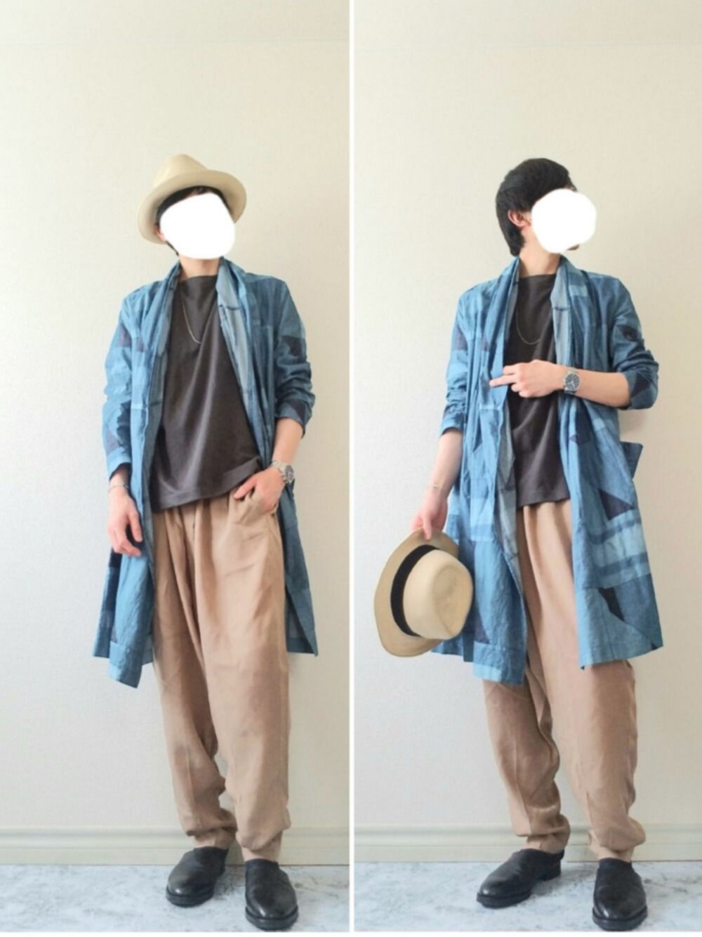 「ペーパーハット、カーディガン、Tシャツ、ワイドパンツ、サンダル、春コーデ、夏コーデ、いいね、save、フォローお願いします🤑、きれいめカジュアル、おしゃれさんと繋がりたい」｜「TROVEのTROVE 2019SS / KANGAS GOWN（カーディガン/ボレロ、ブルー系）」を使った、bouさん（メンズ・176cm）の春コーディネートの1枚目の写真