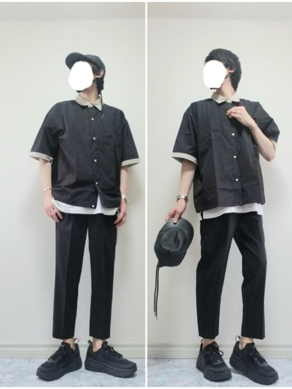 「これが私をアゲる服、キャップ、シャツ、スラックス、スニーカー、ブラックコーデ、大人カジュアル、おしゃれさんと繋がりたい、夏コーデ、いいね、save、フォローお願いします🤑」｜「HOKAのHOKA ONE ONE /  Bondi 6 (BLACK/BLACK)（スニーカー、ブラック系）」を使った、bouさん（メンズ・176cm）の春コーディネートの1枚目の写真