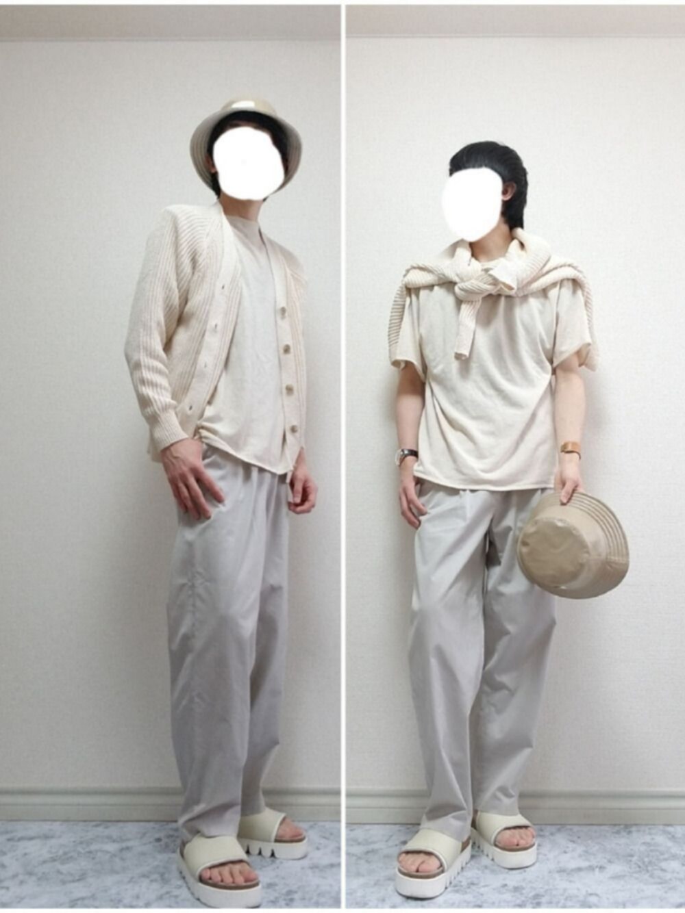「これが私をアゲる服、バケットハット、カーディガン、サマーニット、ワイドパンツ、サンダル、ワントーンコーデ、夏コーデ、シンプルコーデ、いいね、save、フォローお願いします🤑」｜「Hender Schemeのnot lying jewelry bangle brass M（バングル/リストバンド、ベージュ系）」を使った、bouさん（メンズ・176cm）の春コーディネートの1枚目の写真