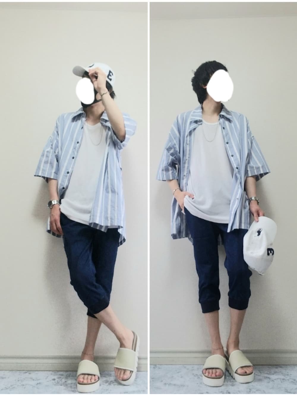 ホワイト系のシャツ/ブラウス、ホワイト系のサンダル、ブルー系のデニムパンツを着用したメンズの春コーディネートの1枚目の写真