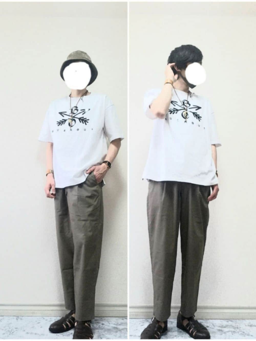 「これが私をアゲる服、バケットハット、Tシャツ、スラックス、グルカサンダル、アースカラー、おしゃれさんと繋がりたい、きれいめカジュアル、いいね、save、フォローお願いします🤑、ワイドパンツ」｜「Hender Schemeのnot lying jewelry bangle brass M（バングル/リストバンド、ベージュ系）」を使った、bouさん（メンズ・176cm）の春コーディネートの1枚目の写真