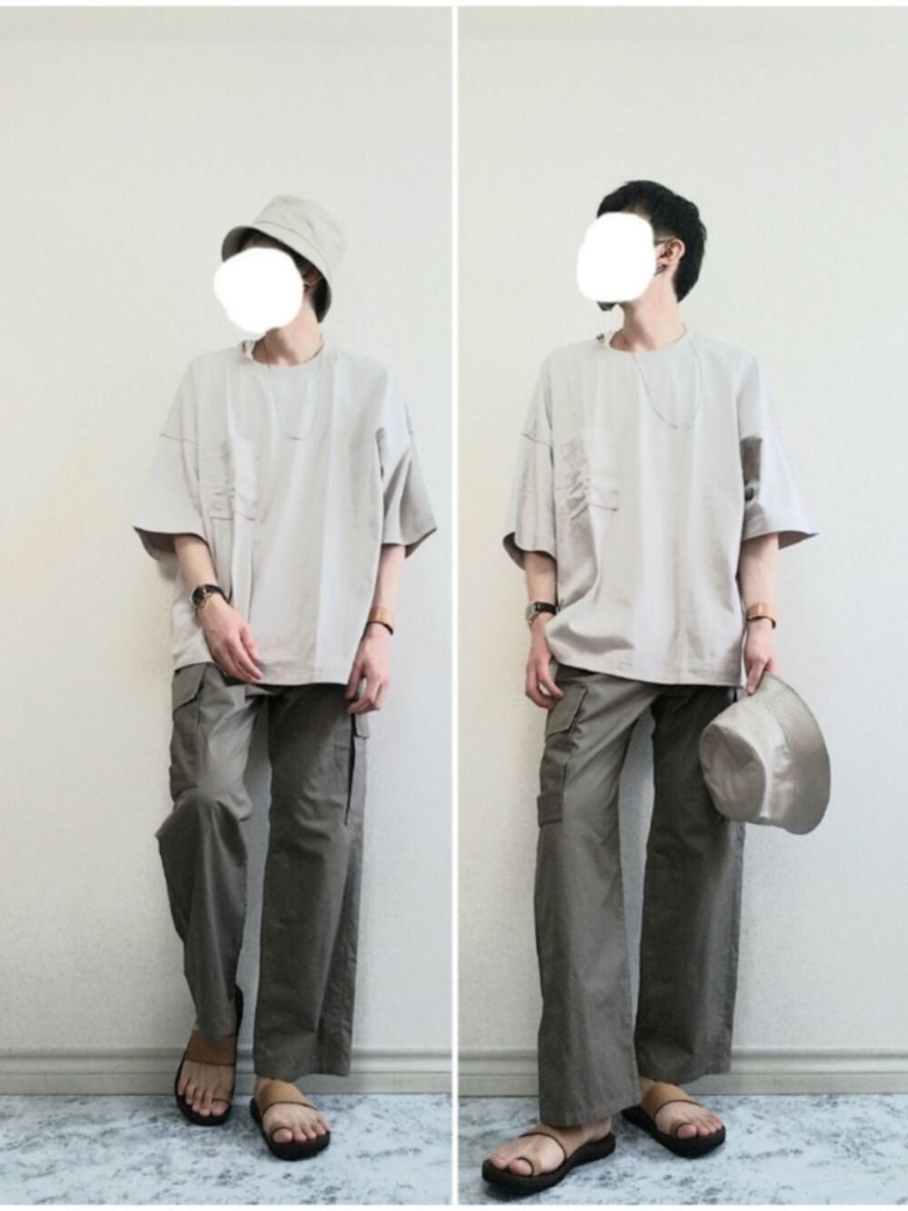 「バケットハット、Tシャツ、カーゴパンツ、サンダル、ワントーンコーデ、初夏コーデ、カジュアルコーデ、カジュアル、417 EDIFICE、いいね、save、フォローお願いします🤑」｜「Hender Schemeのnot lying jewelry bangle brass M（バングル/リストバンド、ベージュ系）」を使った、bouさん（メンズ・176cm）の夏コーディネートの1枚目の写真