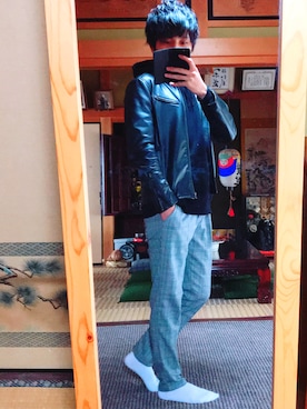 「Right-on（ライトオン）のアイテム（ライダースジャケット）」を使った、あきすけさん（メンズ・172cm）の春コーディネート