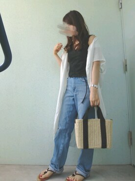 「UNIQLO（ユニクロ）のリネンブレンドロングシャツ（半袖）（シャツ/ブラウス）」を使った、あ やさん（レディース・147cm）の夏コーディネート