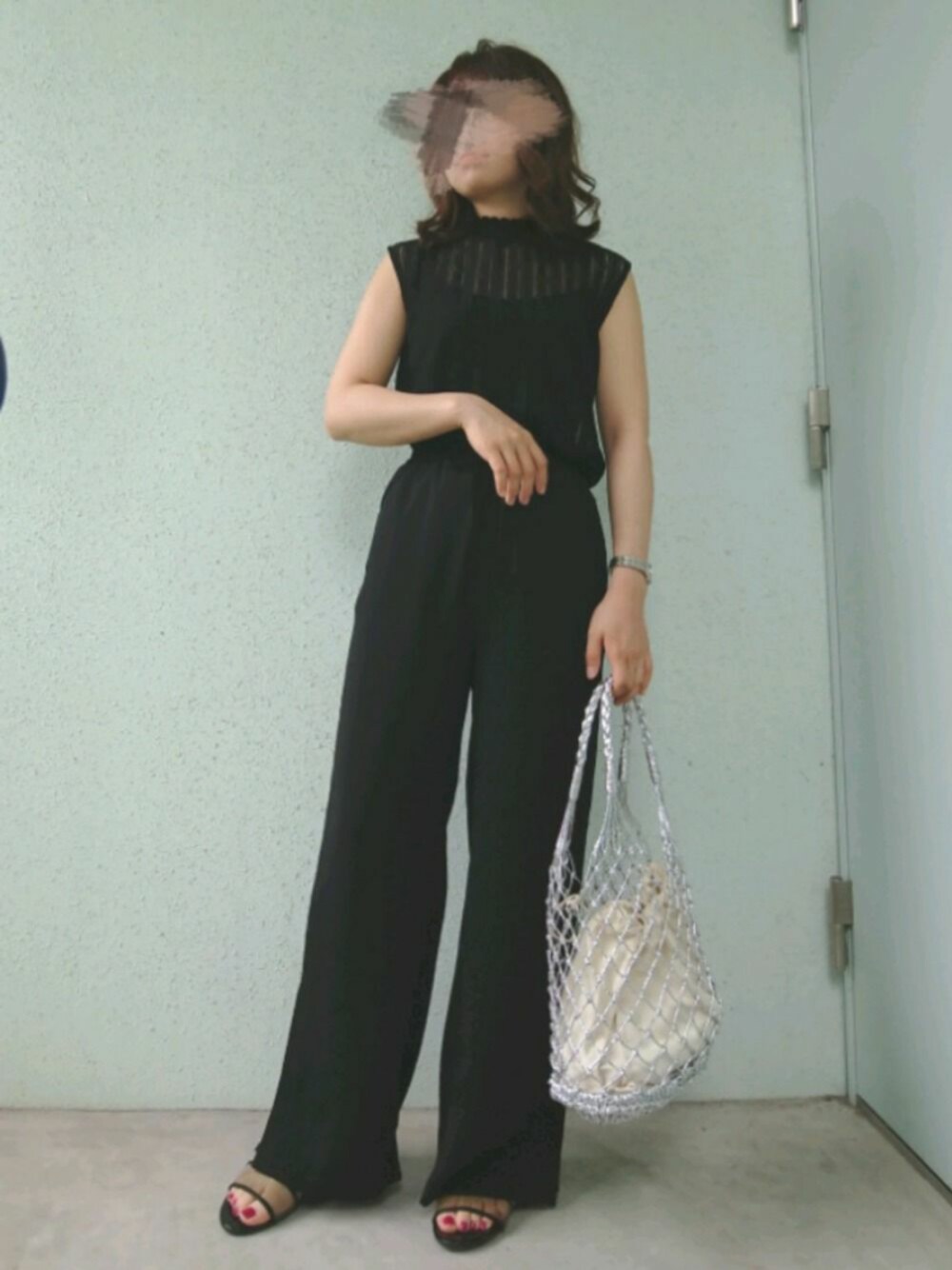 「大人カジュアル、真っ黒コーデ、オールブラック、プチプラ、GU、ワイドパンツ、大人コーデ、セットアップ、レース、低身長」｜「GUのアイテム（パンツ、ブラック系）」を使った、あ やさん（レディース・147cm）の夏コーディネートの1枚目の写真