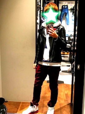 「ワインレッド」｜「アイテム（ライダースジャケット）」を使った、ともやさん（メンズ・183cm）の冬コーディネート