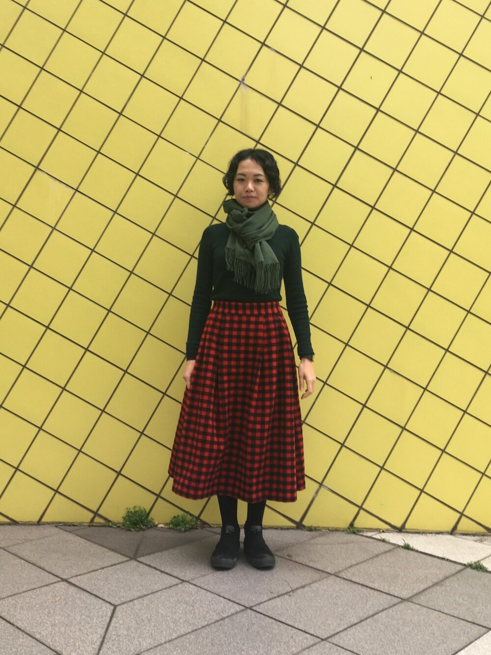 「クリスマス、チェックスカート、手作り、マフラー、無印良品」｜「作ったやつのアイテム（スカート、レッド系）」を使った、aikoさん（レディース・158cm）の冬コーディネートの1枚目の写真
