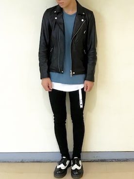 「STUDIOUS（ステュディオス）のSTUDIOUS ラムレザーダブルライダースブルゾン（ライダースジャケット、ブラック系）」を使った、優輝さん（メンズ・172cm）の秋コーディネート