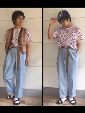 「Tシャツ」｜「アイテム（トップス、ゴールド系）」を使った、トオル!!さん（メンズ・161cm）の夏コーディネート