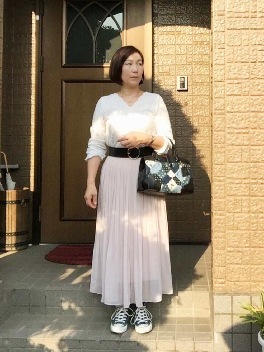 「休日スタイル、シフォンスカート、アラフィフスタイル」｜「Guliangのアイテム（シャツ/ブラウス、ホワイト系）」を使った、tatoさん（レディース・160cm）の夏コーディネートの1枚目の写真