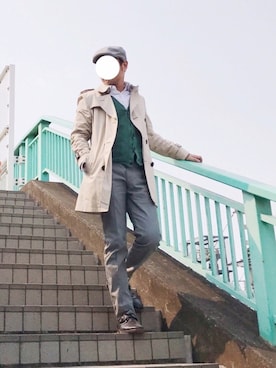 「ハンチング」｜「アイテム（トレンチコート）」を使った、s h ! nさん（メンズ・170cm）の春コーディネート