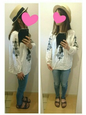 「earth music&ecology（アースミュージックアンドエコロジー）の【JJ6月号掲載】ショートブリムカンカン帽（ハット、ベージュ系）」を使った、utaunsさん（レディース・151cm）の春コーディネート
