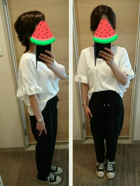 「niko and...（ニコアンド）のCワイド袖フリルTシャツ【niko and ...】（Tシャツ/カットソー、ホワイト系）」を使った、utaunsさん（レディース・151cm）の夏コーディネート