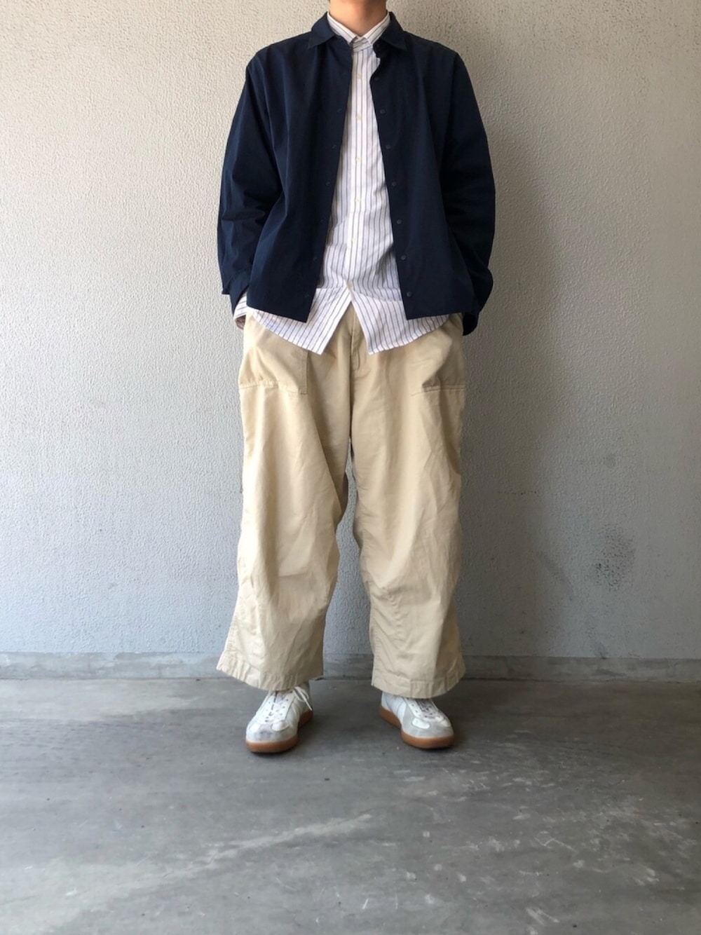 「春、ootd、YAECA、GERMAN TRAINER、ジャーマントレーナー、kutir、fashion、シンプルコーデ、平成最後のWEARISTAセンバツ」｜「YAECAのジャーマントレーナー（スニーカー、ベージュ系）」を使った、りんどるさん（メンズ・170cm）の春コーディネートの1枚目の写真