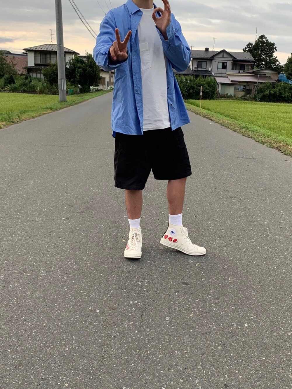 「シンプルコーデ、COMME des GARCONS、CT70s、ootd、おしゃれさんと繋がりたい、きれいめカジュアル、夏、キレイめ、UNIQLO、カジュアル」｜「UNIVERSAL PRODUCTSのアイテム（ジャケット/アウター、ブルー系）」を使った、りんどるさん（メンズ・170cm）の夏コーディネートの1枚目の写真