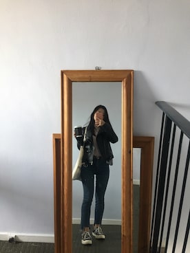 「PULL&BEAR（プルアンドベア）のアイテム（ライダースジャケット）」を使った、Lưu Hoài Thươngさん（レディース・157cm）の秋コーディネート