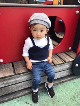 「コーディネート」｜「アイテム（ニットキャップ/ビーニー）」を使った、ri_jun🐼さん（キッズ・70cm）の春コーディネート