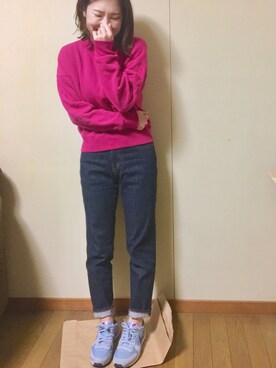 「ZOZO（ゾゾ）のスリムテーパードデニム／ワンウォッシュ［WOMEN］（デニムパンツ、ブルー系）」を使った、hatsukiさん（レディース・154cm）の秋コーディネート