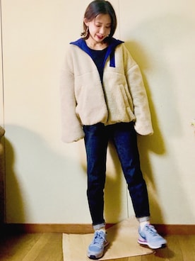 「ZOZO（ゾゾ）のスリムテーパードデニムパンツ［WOMEN］（デニムパンツ）」を使った、hatsukiさん（レディース・154cm）の冬コーディネート