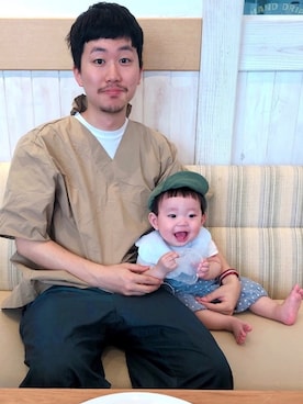 「Handmade（ハンドメイド）のアイテム（キャップ）」を使った、かなちょろさん（キッズ・70cm）の秋コーディネート