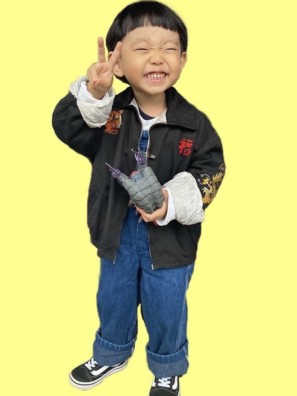 「wearhalloween2020、秋コーデ、kids、ベトジャン、vintage、古着MIX、オーバーオール、Chrome Hearts、クロムハーツ、VANS」｜「VINTAGEのアイテム（ジャケット/アウター、ブラック系）」を使った、かなちょろさん（キッズ・100cm）の秋コーディネートの1枚目の写真