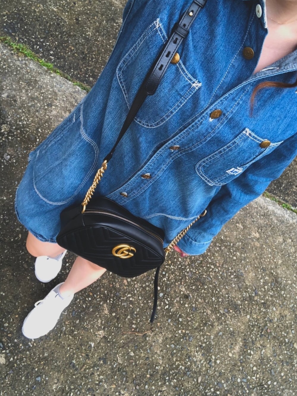 「ラブアンドピース2020、秋のコーデ、秋服、低身長コーデ、スニーカーコーデ、おしゃれさんと繋がりたい」｜「Leeのワークドレス（シャツワンピース、ブルー系）」を使った、chanyuicodeさん（レディース・148cm）の秋コーディネートの1枚目の写真