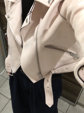 「アイテム（ライダースジャケット、ピンク系）」を使った、おささん（メンズ・168cm）の秋コーディネート