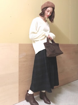 「earth music&ecology（アースミュージックアンドエコロジー）の・チェックギャザースカート ●（スカート）」を使った、mizukiさん（レディース・160cm）の秋コーディネート