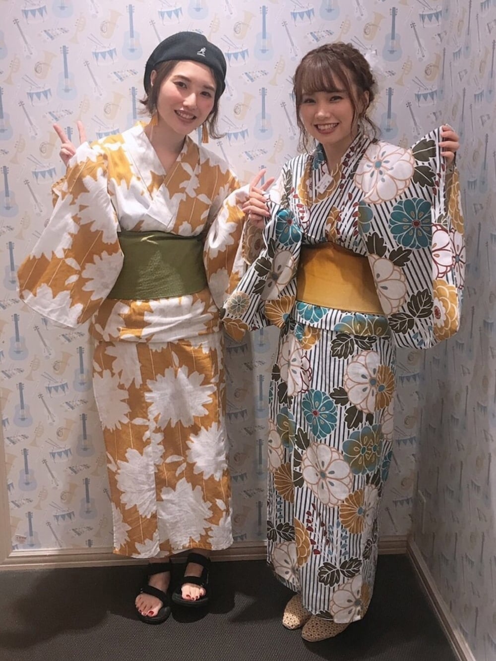 「earth music&ecology、アースミュージック＆エコロジー、浴衣、イエロー、カジュアル、KANGOL、ハンチング、teva、スポサン、双子コーデ」｜「koeの【浴衣・作り帯・下駄 3点セット】花柄浴衣（浴衣、イエロー系）」を使った、mizukiさん（レディース・160cm）の夏コーディネートの1枚目の写真