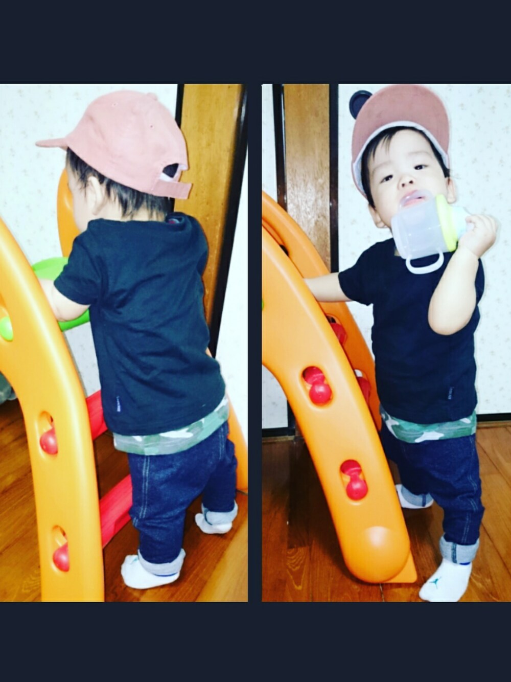 「西松屋、シンプルコーデ、休日スタイル、キッズファッション、kids、狂わせピンク、NIKE、baby、キャップ、生後10ヶ月」｜「西松屋のアイテム（キャップ、ベージュ系）」を使った、mu〜toさん（キッズ・80cm）の夏コーディネートの1枚目の写真