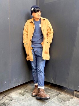 「AVIREX（アヴィレックス）のアイテム（ステンカラーコート）」を使った、Ruminaさん（メンズ・183cm）の冬コーディネート