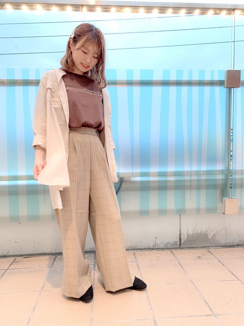 「カジュアル、おしゃれさんと繋がりたい、骨格診断、骨格診断ストレート、ストレート、シアーシャツ、ワントーンコーデ、いいね、save、フォローお願いします🤑、プチプラ、きれいめカジュアル」｜「DRESKIPの【M-LL】バンドカラーオーバーサイズシャツ（シャツ/ブラウス、ベージュ系）」を使った、いとちゃんさん（レディース・154cm）の夏コーディネートの1枚目の写真