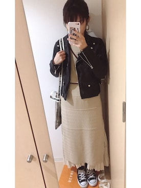「PUBLIC TOKYO（パブリックトウキョウ）のアイテム（ライダースジャケット）」を使った、Chiiiさん（レディース・155cm）の春コーディネート