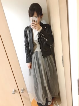 「PUBLIC TOKYO（パブリックトウキョウ）のアイテム（ライダースジャケット）」を使った、Chiiiさん（レディース・155cm）の春コーディネート