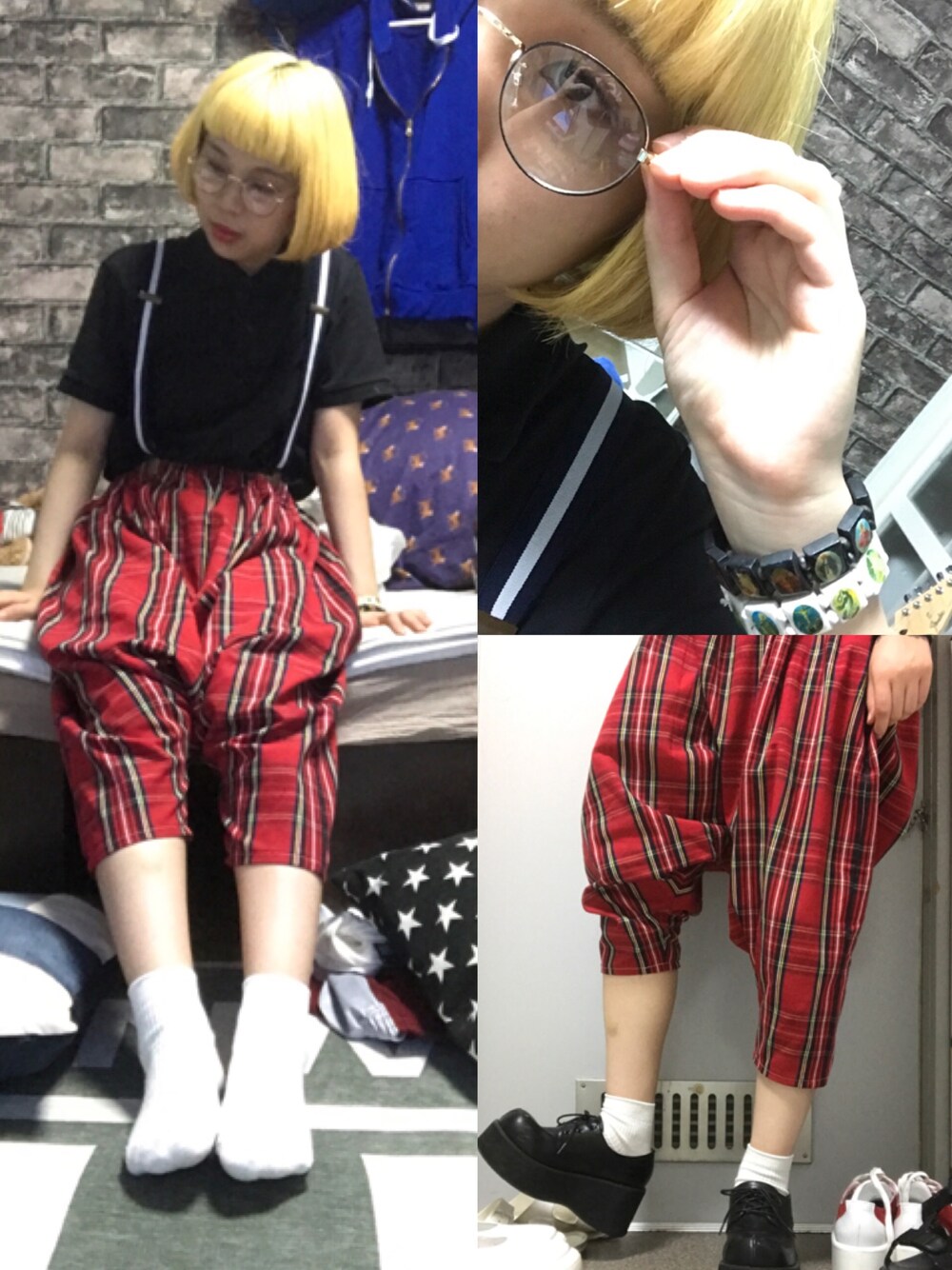 「マニッシュ、英国、サルエルパンツ、handmade、チェック、サスペンダー、厚底シューズ、めがね、black、red」｜「UNIQLOのドライカノコポロシャツ（半袖）（ポロシャツ、ブラック系）」を使った、おさかべさやこさん（レディース・155cm）の夏コーディネートの1枚目の写真