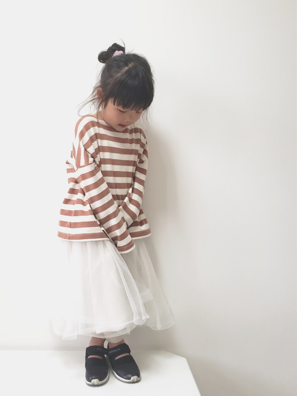 「平成最後のWEARISTAセンバツ、ボーダー、チュールスカート、アディダス」｜「mamamade☺️のアイテム（スカート、ホワイト系）」を使った、＊momochan＊さん（キッズ・100cm）の春コーディネートの1枚目の写真