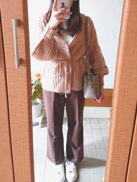 「OLIVE des OLIVE（オリーブデオリーブ）のケーブルトッパーカーディガン（カーディガン/ボレロ）」を使った、ayaharuさん（レディース・157cm）の春コーディネート