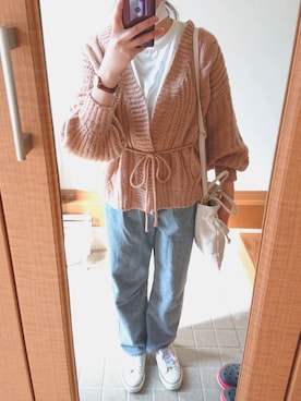 「OLIVE des OLIVE（オリーブデオリーブ）のケーブルトッパーカーディガン（カーディガン/ボレロ）」を使った、ayaharuさん（レディース・157cm）の春コーディネート
