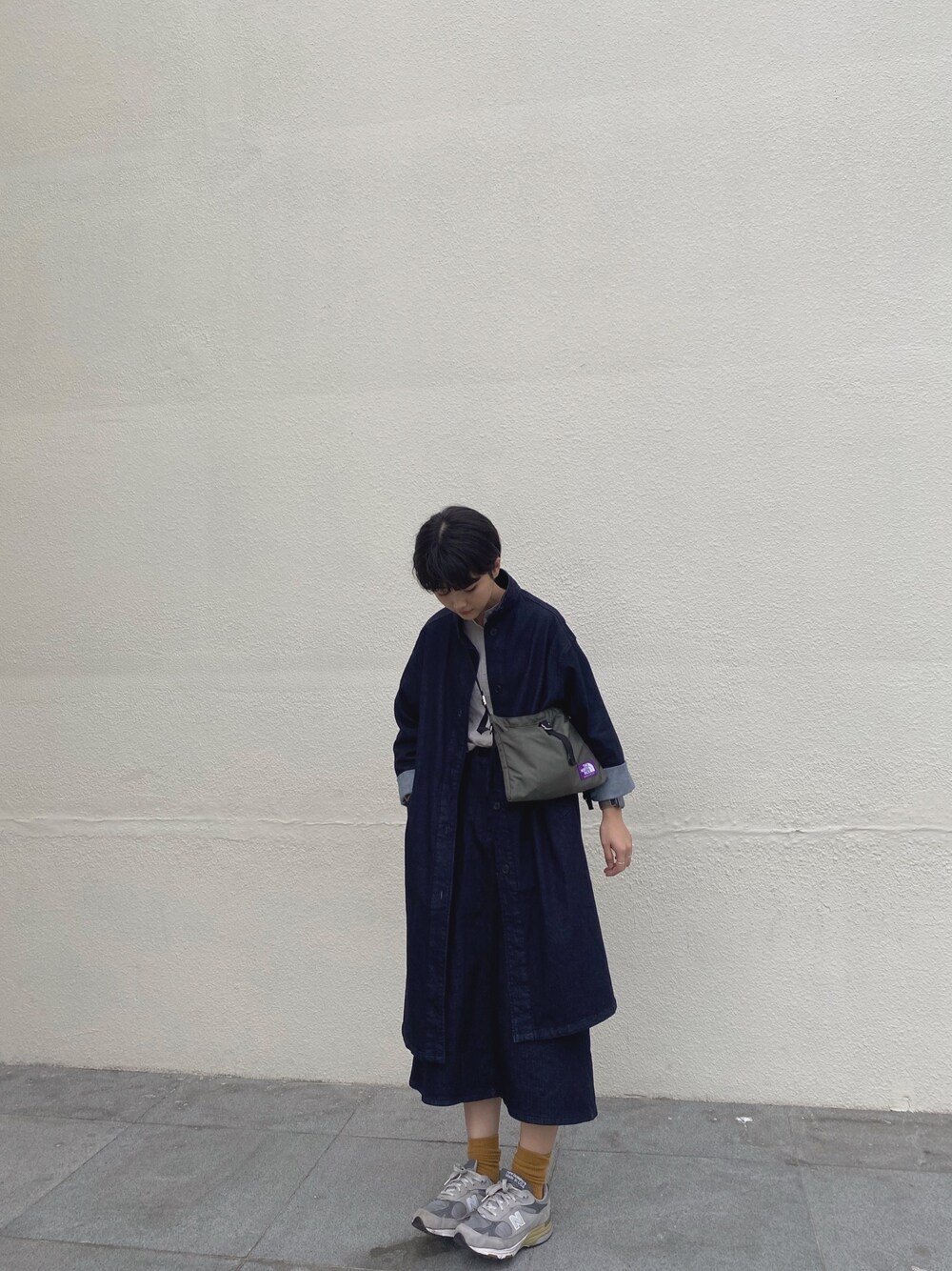「ootd、無印良品、MUJI、New Balance、newbalance993、THE NORTH FACE PURPLE LABEL」｜「無印良品のアイテム（デニムジャケット、ブルー系）」を使った、Xiさん（レディース・163cm）の春コーディネートの1枚目の写真