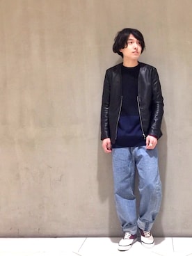 「Lui's（ルイス）のアイテム（ライダースジャケット）」を使った、イリザワさん（メンズ・170cm）の冬コーディネート