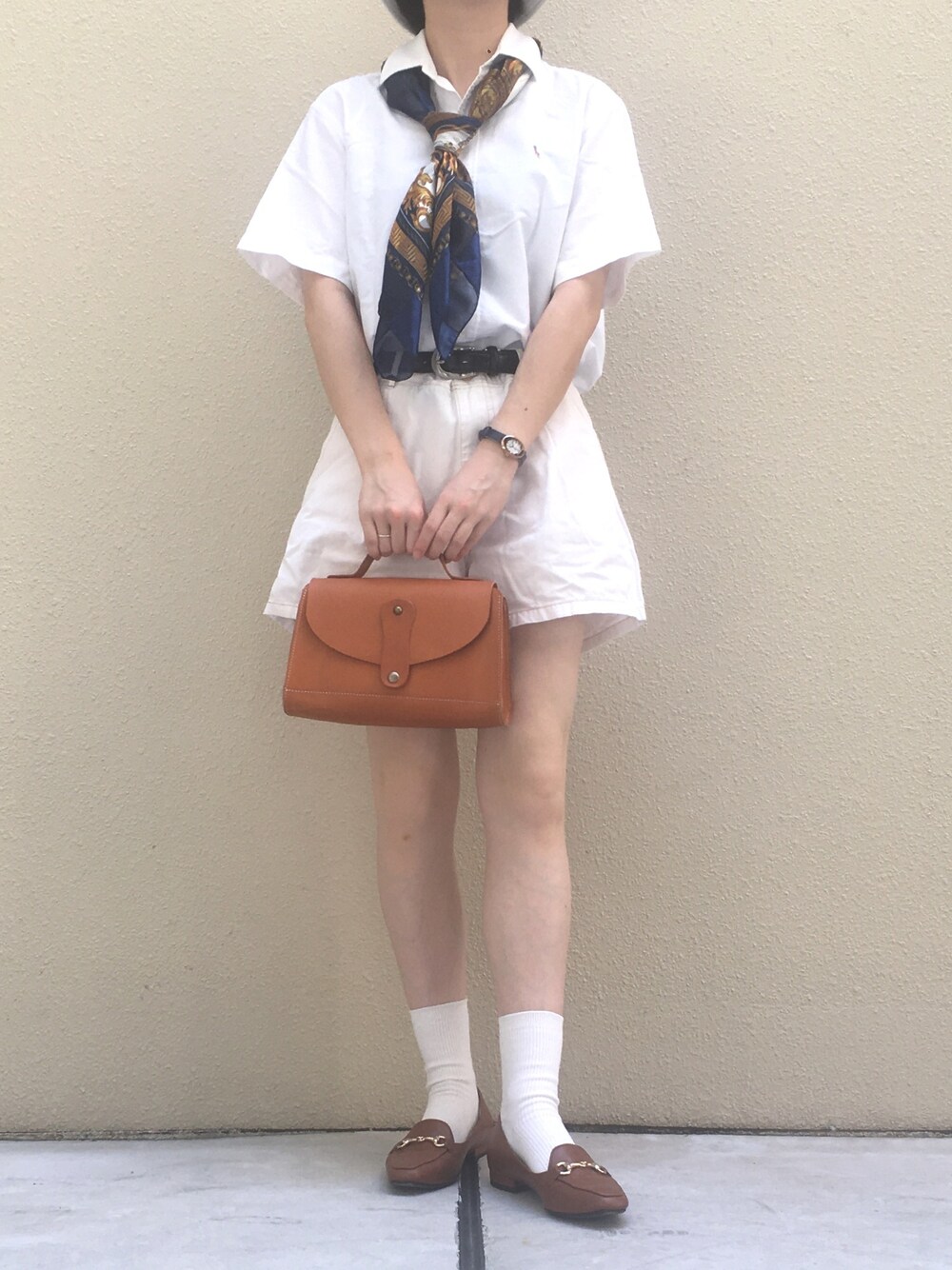 「マリンコーデ、スカーフ、スカーフコーデ、ショートパンツ、ローファー、ビットローファー、Polo Ralph Lauren、AdeVivre、poudoudou」｜「POLO RALPH LAURENのアイテム（シャツ/ブラウス、ホワイト系）」を使った、tororoさん（レディース・155cm）の秋コーディネートの1枚目の写真