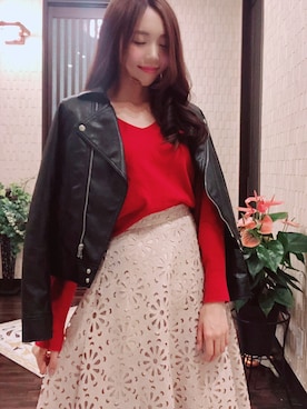 「NICE CLAUP（ナイスクラップ）のアイテム（ライダースジャケット）」を使った、おもも‪︎‬‪︎☺︎さん（レディース・168cm）の秋コーディネート