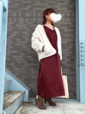 「earth music&ecology（アースミュージックアンドエコロジー）のパイピングボアコート(ショート) ＊（ブルゾン）」を使った、erinaさん（レディース・153cm）の秋コーディネート