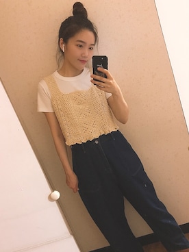 「ehka sopo（エヘカソポ）のかぎ針編みビスチェ（ニット/セーター）」を使った、イツさん（レディース・165cm）の秋コーディネート