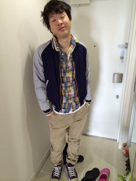 「Pherrow's（フェローズ）のアイテム（スタジャン）」を使った、成ノ助さん（メンズ・173cm）の春コーディネート