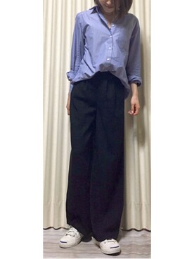 Hana.さんの「WOMEN エクストラファインコットンオーバーサイズストライプシャツ（長袖）」を使ったコーディネート