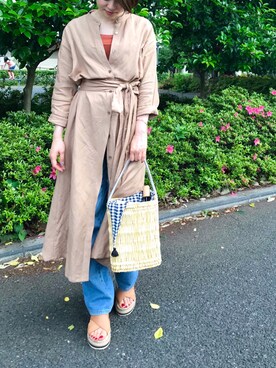 「Spick & Span（スピックアンドスパン）の【Fatima Morocco】別注巾着付きワンハンドルバスケット◆（かごバッグ、シルバー系）」を使った、Hana.さん（レディース・157cm）の春コーディネート