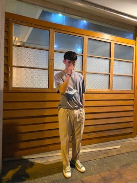 「plain-me（プレインミー）のアイテム（スラックス）」を使った、Eadgerさん（メンズ・170cm）の春コーディネート